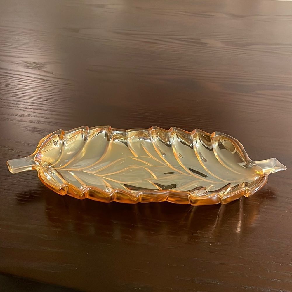 Indiana Glass Co Amber Carnival Glass Celery Dish | Peach Luster Glass Double L…